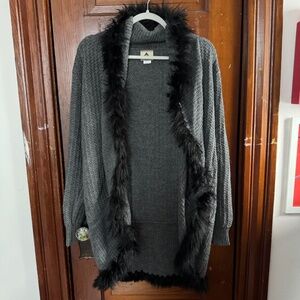 Grey and black Alpaca International cardigan with faux fur trim